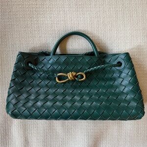 Bottega Veneta Dark Green Woven Leather Gold Knot East West Andiamo
